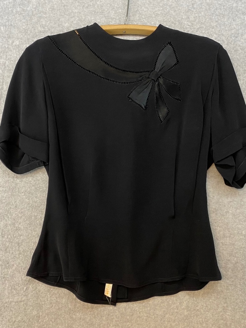 Vintage Bettina NYC Blouse • 40" Bust • Black • Bow Detail • Short Sleeve